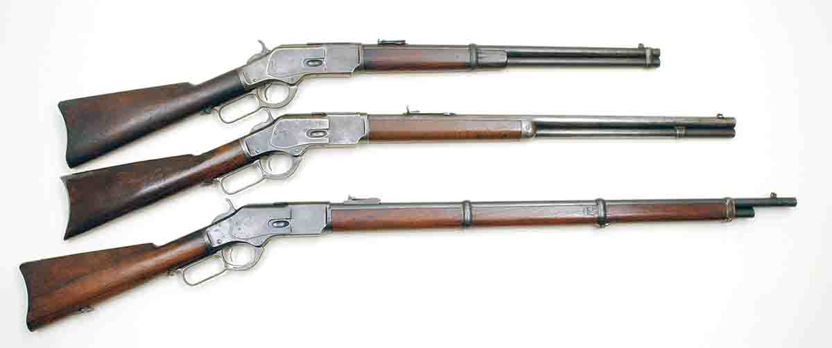 Winchester produced three primary variations of the Model 1873: carbines (top) with 20-inch round barrels, rifles (center) with 24-inch round or octagonal barrels and muskets (bottom) with 30-inch round barrels.